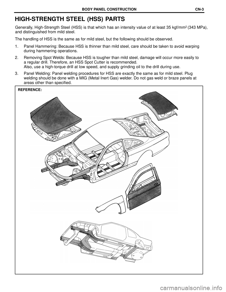 LEXUS SC400 1991  Service Repair Manual 
REFERENCE:
HIGH-STRENGTH STEEL (HSS) PARTS
Generally, High-Strength Steel (HSS) is that which has an intensity value of at\
 least 35 kgf/mm2 (343 MPa),
and distinguished from mild steel.
The handlin