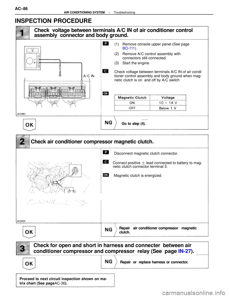 LEXUS SC400 1991  Service Repair Manual 
Check  voltage between terminals A/C IN of air conditioner control
assembly  connector and body ground.
(1) Remove console upper panel.(See pageBO-111 ).
(2) Remove A/C control assembly with
connecto