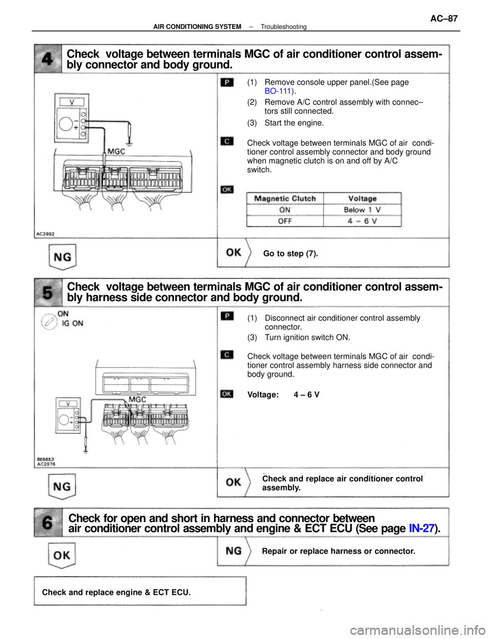 LEXUS SC400 1991  Service Repair Manual 
Check  voltage between terminals MGC of air conditioner control assem-
bly connector and body ground.
(1) Remove console upper panel.(See page BO-111 ).
(2) Remove A/C control assembly with connec±
