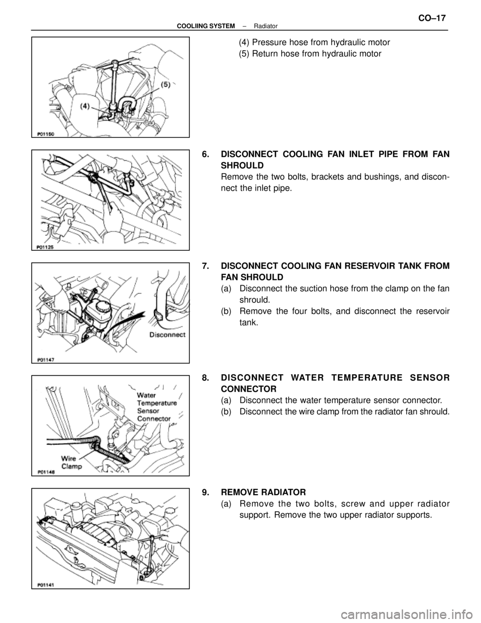LEXUS SC400 1991  Service Repair Manual 
(4) Pressure hose from hydraulic motor
(5) Return hose from hydraulic motor
6.  DISCONNECT COOLING FAN INLET PIPE FROM FAN SHROULD
Remove the two bolts, brackets and bushings, and discon-
nect the in