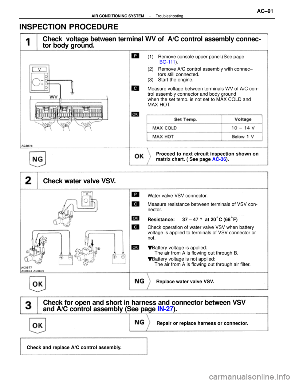 LEXUS SC400 1991  Service Repair Manual 
Check  voltage between terminal WV of  A/C control assembly connec-
tor body ground.
(1) Remove console upper panel.(See page
 BO-111).
(2) Remove A/C control assembly with connec±
tors still connec