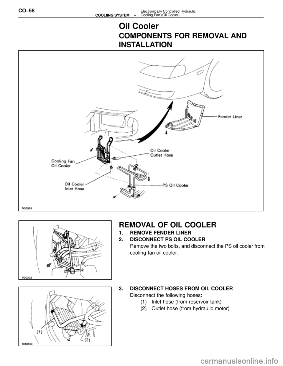 LEXUS SC400 1991  Service Repair Manual 
Oil Cooler
COMPONENTS FOR REMOVAL AND
INSTALLATION
REMOVAL OF OIL COOLER
1.  REMOVE FENDER LINER
2.  DISCONNECT PS OIL COOLERRemove the two bolts, and disconnect the PS oil cooler from
cooling fan oi