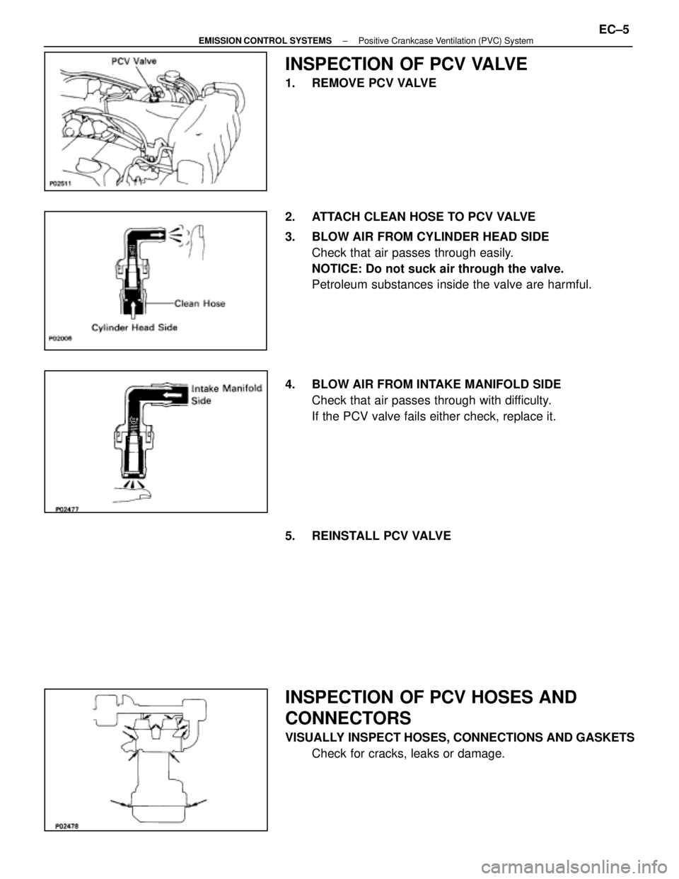 LEXUS SC400 1991  Service Repair Manual 
INSPECTION OF PCV VALVE
1.  REMOVE PCV VALVE
2.  ATTACH CLEAN HOSE TO PCV VALVE
3.  BLOW AIR FROM CYLINDER HEAD SIDECheck that air passes through easily.
NOTICE: Do not suck air through the valve.
Pe