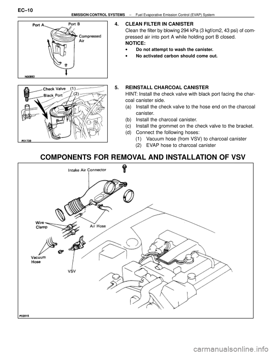 LEXUS SC400 1991  Service Repair Manual 
4.  CLEAN FILTER IN CANISTERClean  the filter by blowing 294 kPa (3 kgf/cm2, 43 psi) of com-
pressed air into port A while holding port B closed.
NOTICE:
w Do not attempt to wash the canister.
w No a