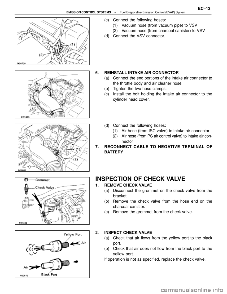 LEXUS SC400 1991  Service Repair Manual 
(c)  Connect the following hoses:(1)  Vacuum hose (from vacuum pipe) to VSV
(2)  Vacuum hose (from charcoal canister) to VSV
(d)  Connect the VSV connector.
6.  REINSTALL INTAKE AIR CONNECTOR (a)  Co