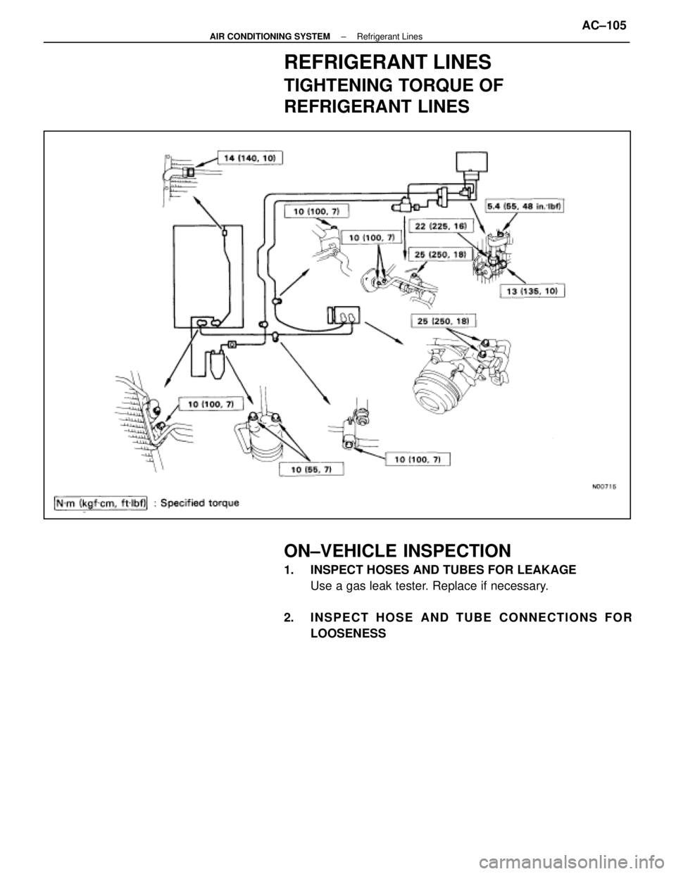 LEXUS SC400 1991  Service Repair Manual 
REFRIGERANT LINES
TIGHTENING TORQUE OF
REFRIGERANT LINES
ON±VEHICLE INSPECTION
1.  INSPECT HOSES AND TUBES FOR LEAKAGEUse a gas leak tester. Replace if necessary.
2.  INSPECT HOSE AND TUBE CONNECTIO