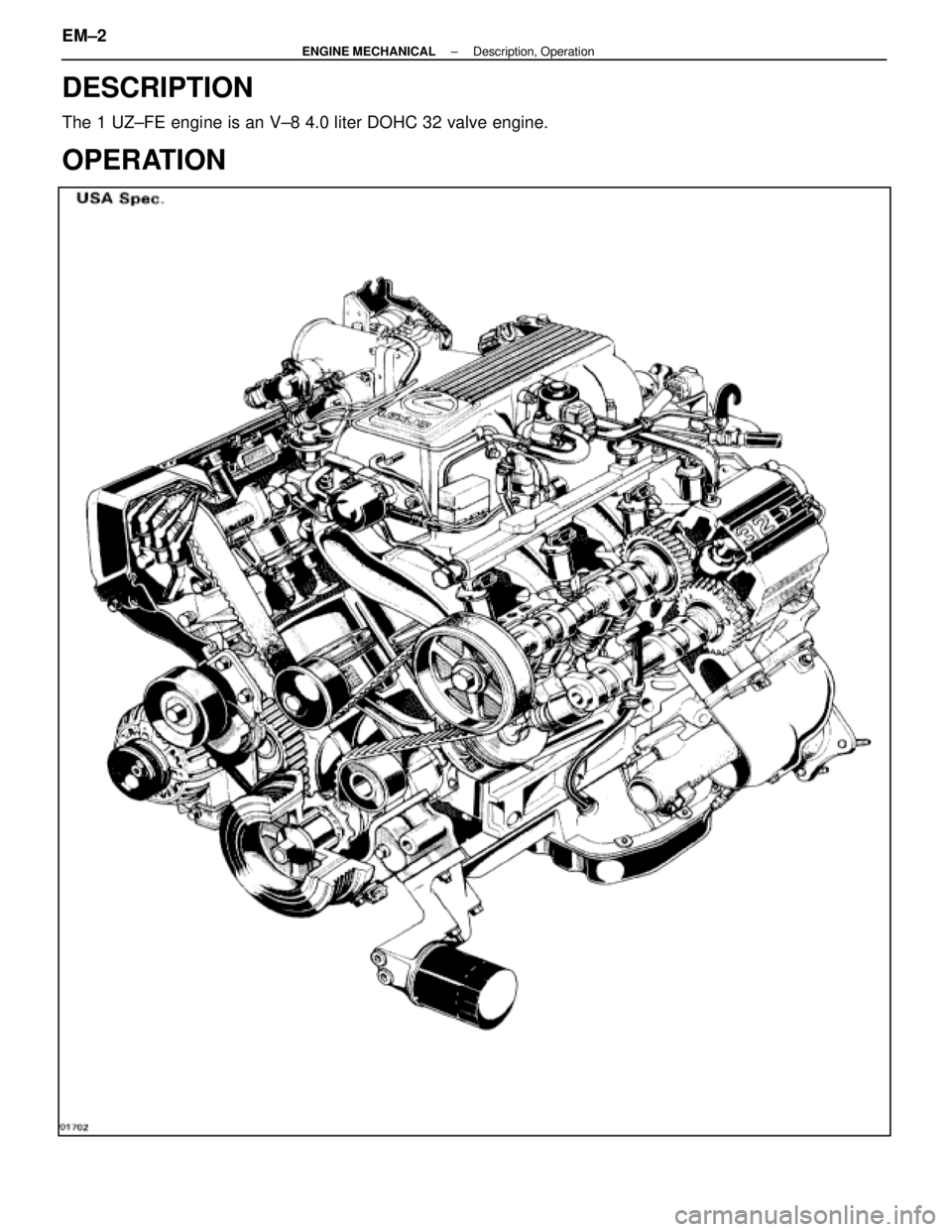 LEXUS SC400 1991  Service Repair Manual 
DESCRIPTION
The 1 UZ±FE engine is an V±8 4.0 liter DOHC 32 valve engine.
OPERATION
EM±2±
ENGINE MECHANICAL Description, Operation 
WhereEverybodyKnowsYourName  
