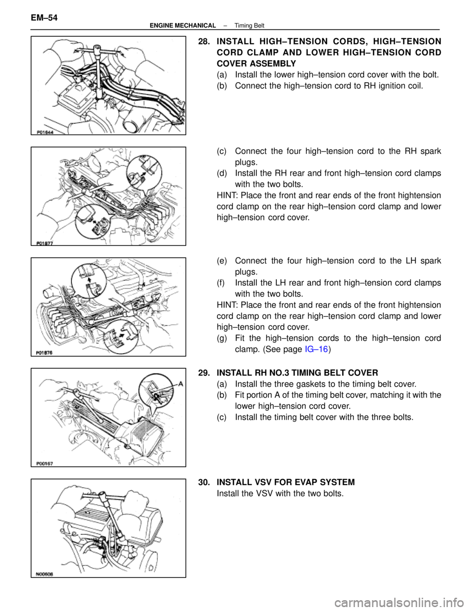 LEXUS SC400 1991 Service Repair Manual
28. INSTALL HIGH±TENSION CORDS, HIGH±TENSIONCORD CLAMP AND LOWER HIGH±TENSION CORD
COVER ASSEMBLY
(a) Install the lower high±tension cord cover with the bolt.
(b) Connect the high±tension cord LEXUS SC400 1991 Service Repair Manual
28. INSTALL HIGH±TENSION CORDS, HIGH±TENSIONCORD CLAMP AND LOWER HIGH±TENSION CORD
COVER ASSEMBLY
(a) Install the lower high±tension cord cover with the bolt.
(b) Connect the high±tension cord