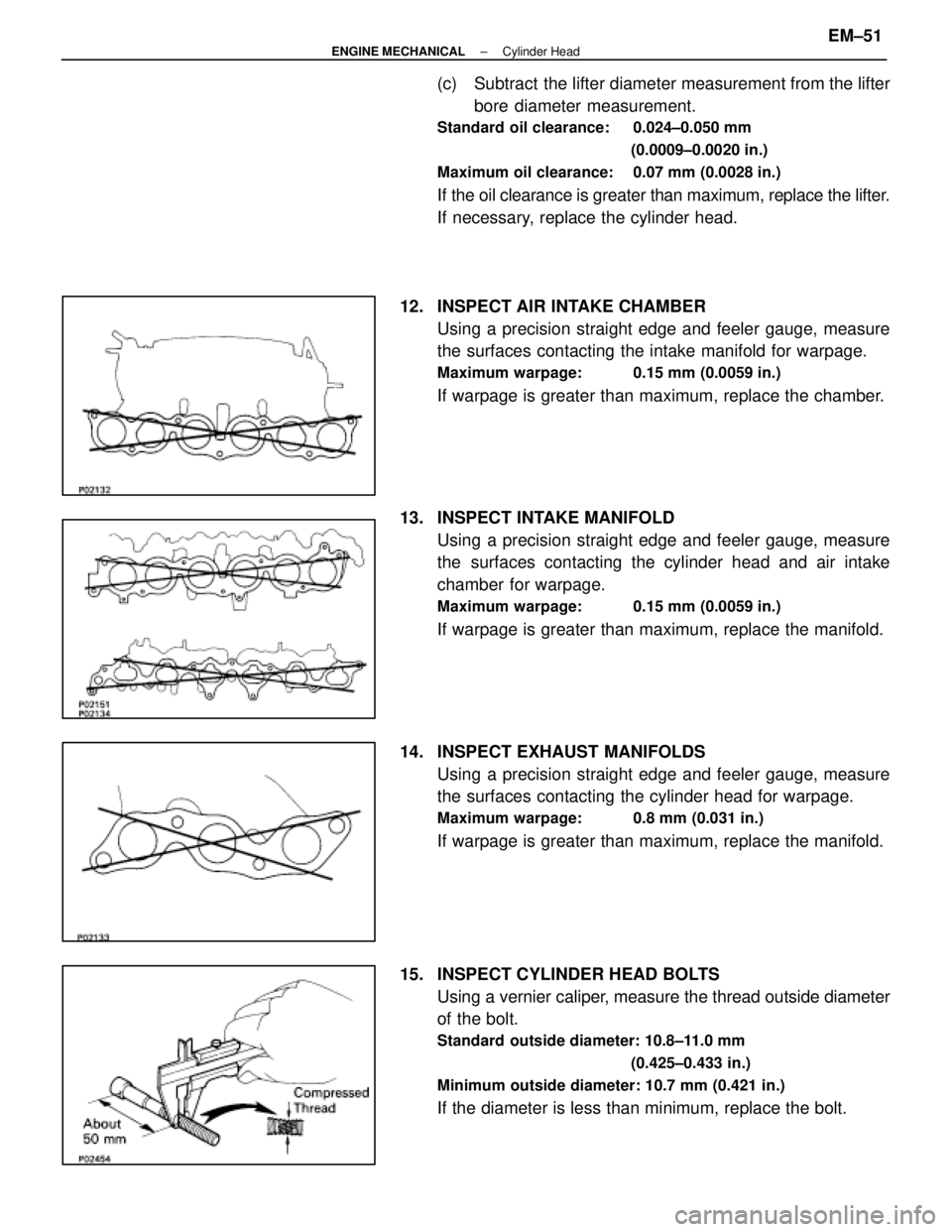 LEXUS SC400 1991  Service Repair Manual 
(c)  Subtract  the lifter diameter measurement from the lifterbore diameter measurement.
Standard oil clearance:  0.024±0.050 mm
(0.0009±0.0020 in.)
Maximum oil clearance:  0.07 mm (0.0028 in.)
If 