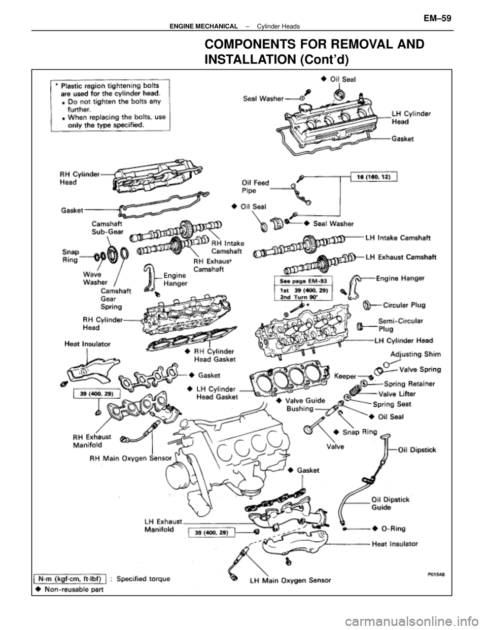 LEXUS SC400 1991  Service Repair Manual 
COMPONENTS FOR REMOVAL AND
INSTALLATION (Contd)
±
ENGINE MECHANICAL Cylinder HeadsEM±59 
WhereEverybodyKnowsYourName  