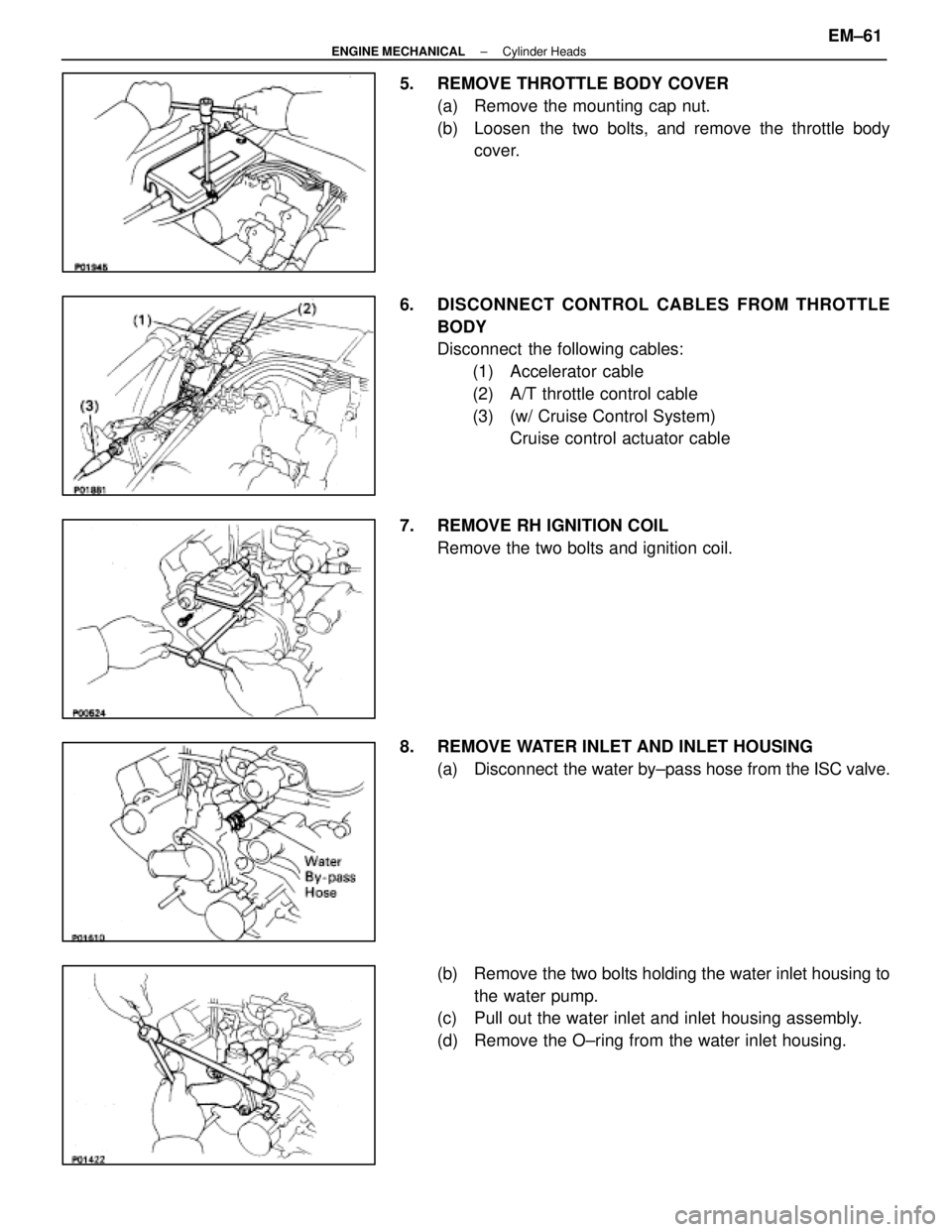 LEXUS SC400 1991 Service Repair Manual
5. REMOVE THROTTLE BODY COVER(a) Remove the mounting cap nut.
(b) Loosen the two bolts, and remove the throttle bodycover.
6. DISCONNECT CONTROL CABLES FROM THROTTLE BODY
Disconnect the followi LEXUS SC400 1991 Service Repair Manual
5. REMOVE THROTTLE BODY COVER(a) Remove the mounting cap nut.
(b) Loosen the two bolts, and remove the throttle bodycover.
6. DISCONNECT CONTROL CABLES FROM THROTTLE BODY
Disconnect the followi