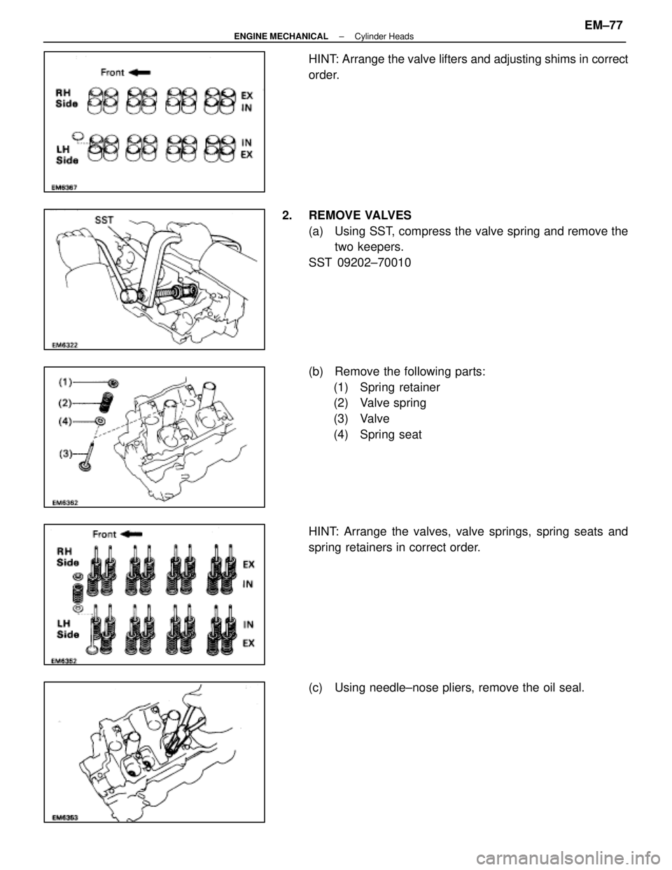 LEXUS SC400 1991 Service Repair Manual
HINT: Arrange the valve lifters and adjusting shims in correct
order.
2. REMOVE VALVES (a) Using SST, compress the valve spring and remove thetwo keepers.
SST 09202±70010
(b) Remove the following LEXUS SC400 1991 Service Repair Manual
HINT: Arrange the valve lifters and adjusting shims in correct
order.
2. REMOVE VALVES (a) Using SST, compress the valve spring and remove thetwo keepers.
SST 09202±70010
(b) Remove the following