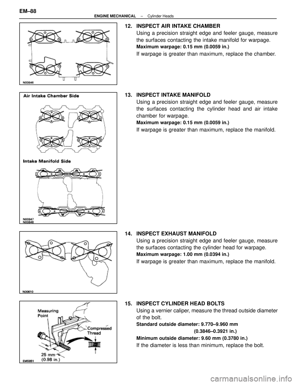 LEXUS SC400 1991  Service Repair Manual 
12.  INSPECT AIR INTAKE CHAMBERUsing a precision straight edge and feeler gauge, measure
the surfaces contacting the intake manifold for warpage.
Maximum warpage: 0.15 mm (0.0059 in.)
If warpage is g