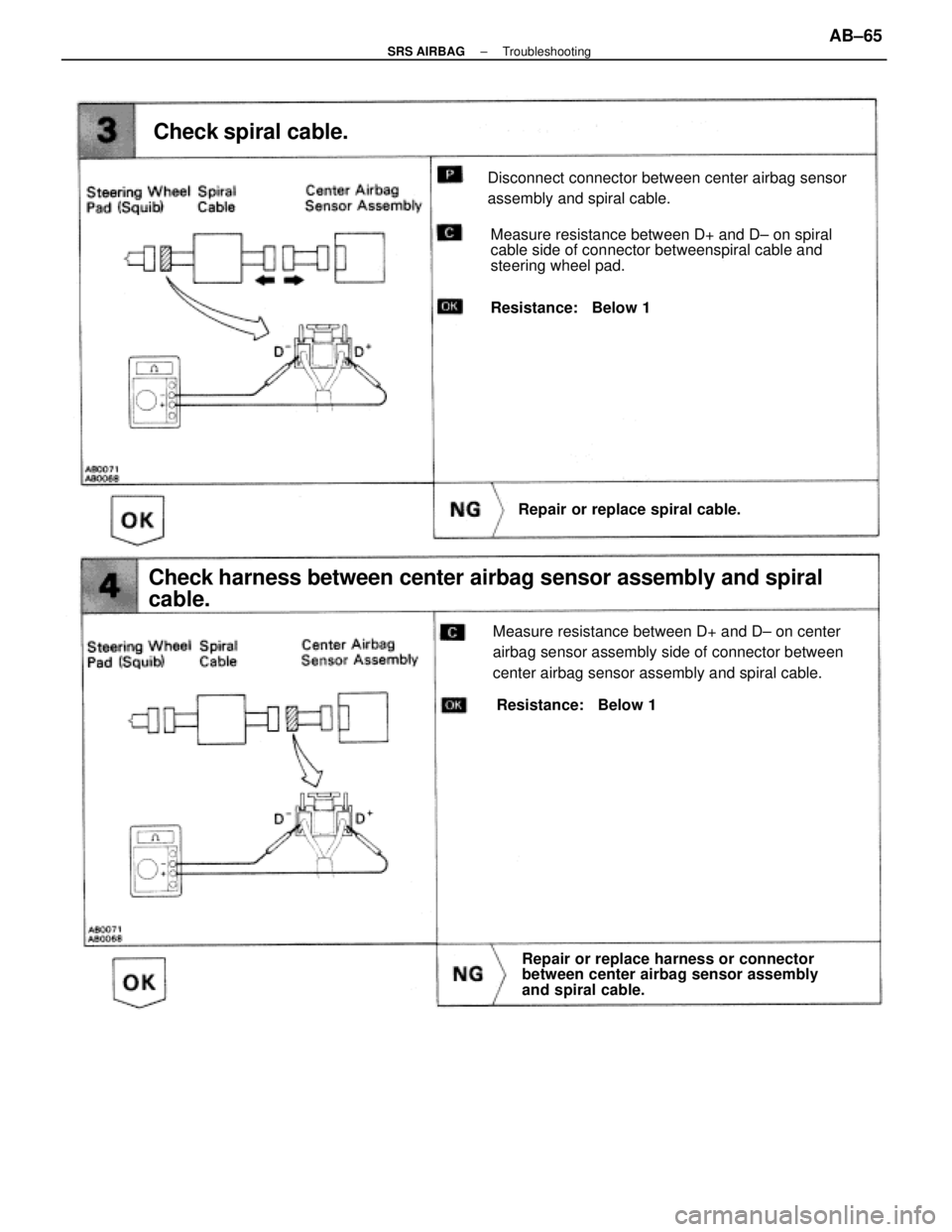 LEXUS SC400 1991  Service Repair Manual 
Check spiral cable.
Repair or replace spiral cable.
Measure resistance between D+ and D± on center
airbag sensor assembly side of connector between
center airbag sensor assembly and spiral cable.
Ch