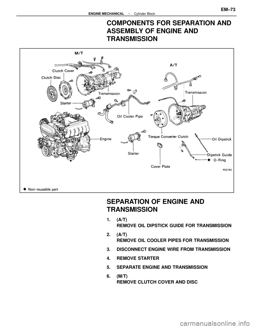 LEXUS SC400 1991  Service Service Manual 
COMPONENTS FOR SEPARATION AND
ASSEMBLY OF ENGINE AND
TRANSMISSION
SEPARATION OF ENGINE AND
TRANSMISSION
1. (A/T)REMOVE OIL DIPSTICK GUIDE FOR TRANSMISSION
2. (A/T) REMOVE OIL COOLER PIPES FOR TRANSMI
