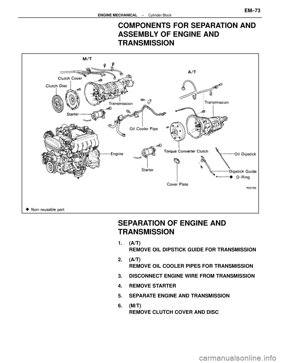 LEXUS SC400 1991  Service Repair Manual 
COMPONENTS FOR SEPARATION AND
ASSEMBLY OF ENGINE AND
TRANSMISSION
SEPARATION OF ENGINE AND
TRANSMISSION
1. (A/T)REMOVE OIL DIPSTICK GUIDE FOR TRANSMISSION
2. (A/T) REMOVE OIL COOLER PIPES FOR TRANSMI