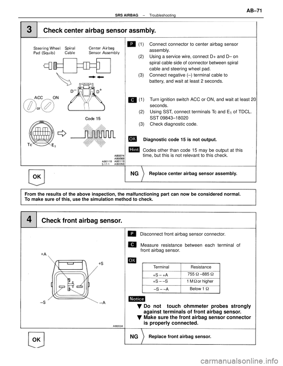 LEXUS SC400 1991  Service Repair Manual 
3
Codes other than code 15 may be output at this
time, but this is not relevant to this check.Replace front airbag sensor.
NG
OK
(1) Turn ignition switch ACC or ON, and wait at least 20
seconds.
(2) 
