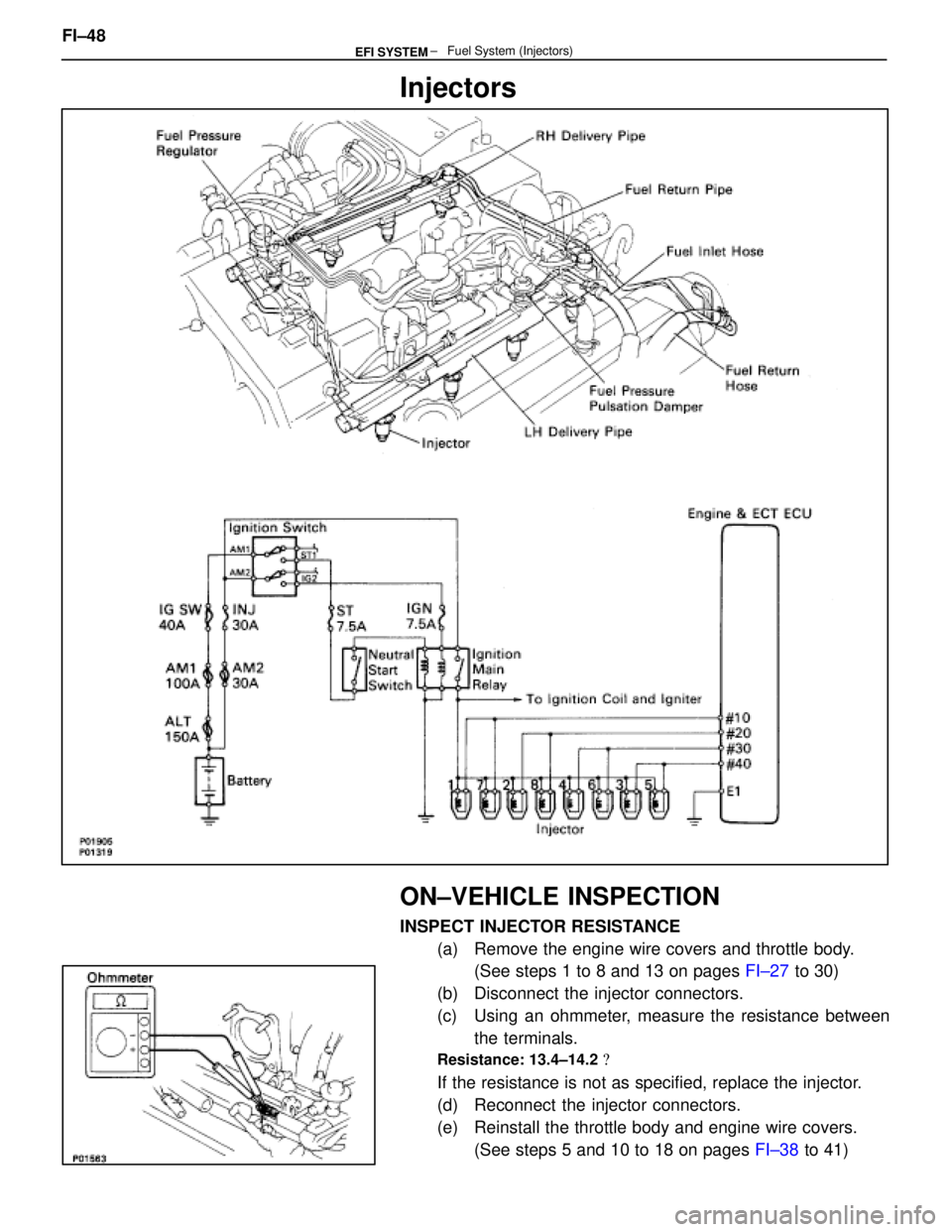 LEXUS SC400 1991  Service Repair Manual 
Injectors
ON±VEHICLE INSPECTION
INSPECT INJECTOR RESISTANCE(a)  Remove the engine wire covers and throttle body.(See steps 1 to 8 and 13 on pages  FI±27 to 30)
(b)  Disconnect the injector connecto