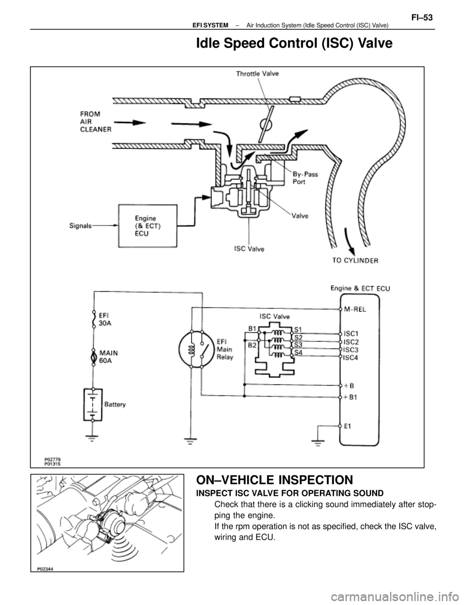LEXUS SC400 1991  Service Repair Manual 
Idle Speed Control (ISC) Valve
ON±VEHICLE INSPECTION
INSPECT ISC VALVE FOR OPERATING SOUNDCheck that there is a clicking sound immediately after stop-
ping the engine.
If the rpm operation is not as