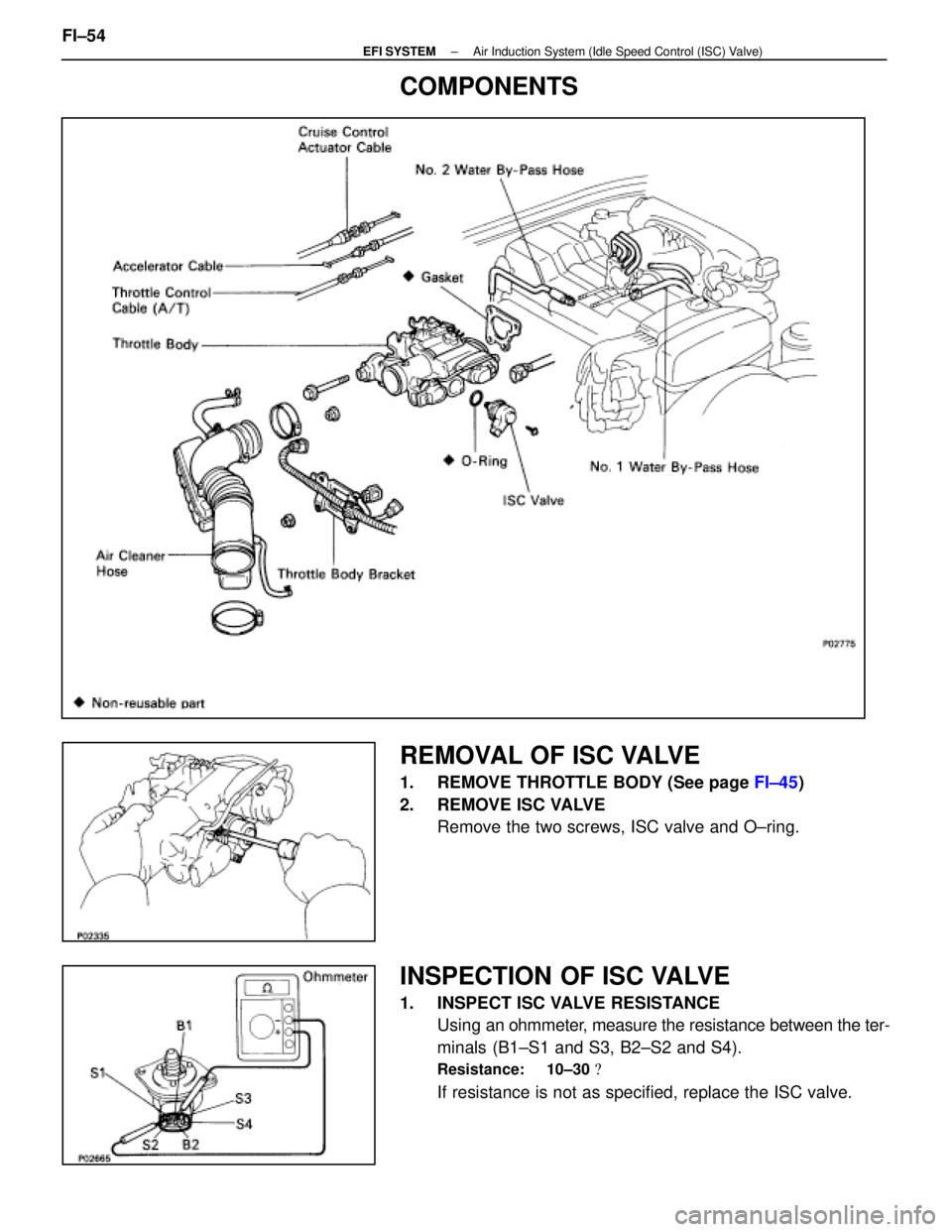 LEXUS SC400 1991  Service Repair Manual 
COMPONENTS
REMOVAL OF ISC VALVE
1.  REMOVE THROTTLE BODY (See page FI±45)
2.  REMOVE ISC VALVE Remove the two screws, ISC valve and O±ring.
INSPECTION OF ISC VALVE
1.  INSPECT ISC VALVE RESISTANCEU