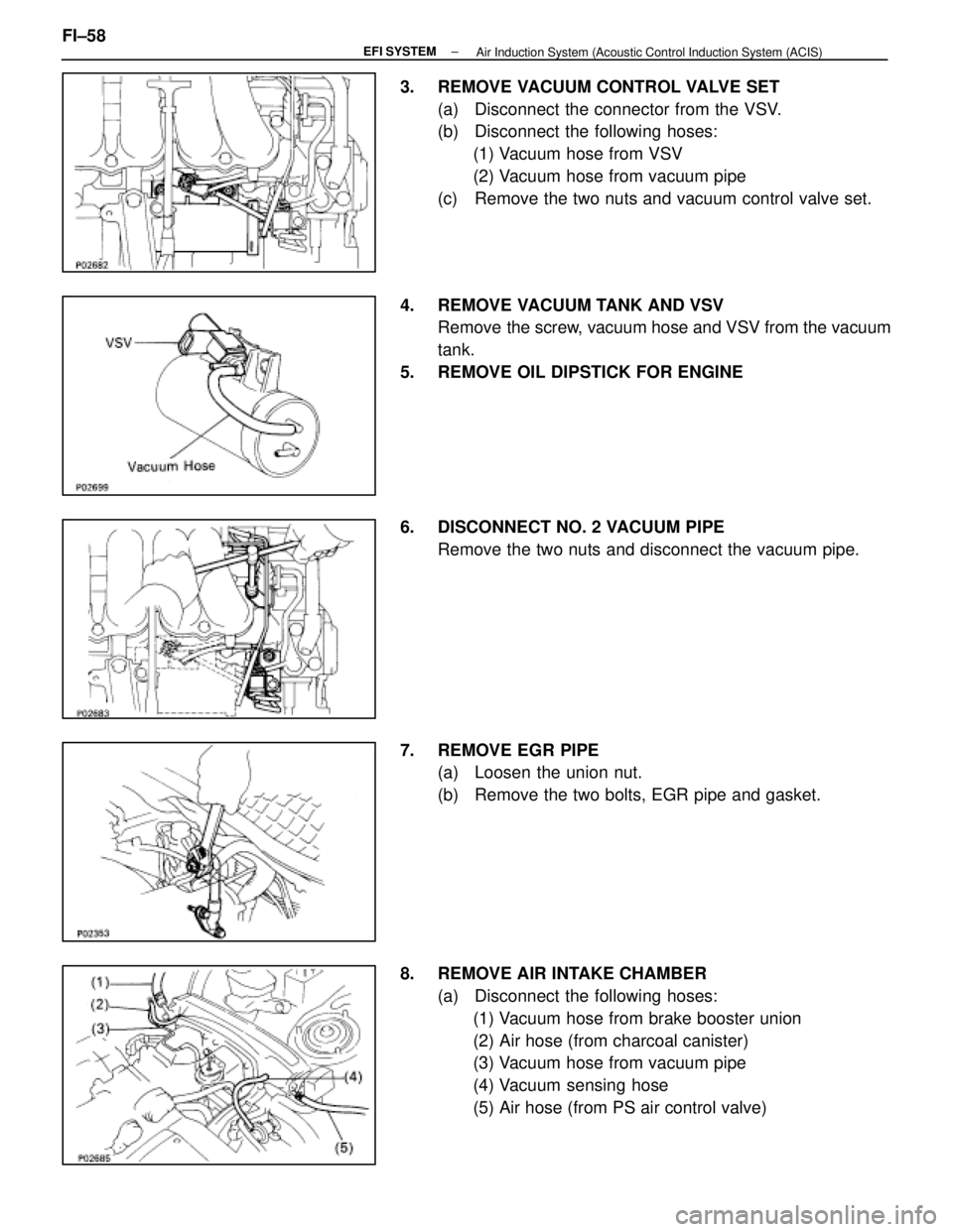 LEXUS SC400 1991  Service Repair Manual 
3.  REMOVE VACUUM CONTROL VALVE SET(a)  Disconnect the connector from the VSV.
(b)  Disconnect the following hoses:(1) Vacuum hose from VSV
(2) Vacuum hose from vacuum pipe
(c)  Remove the two nuts a