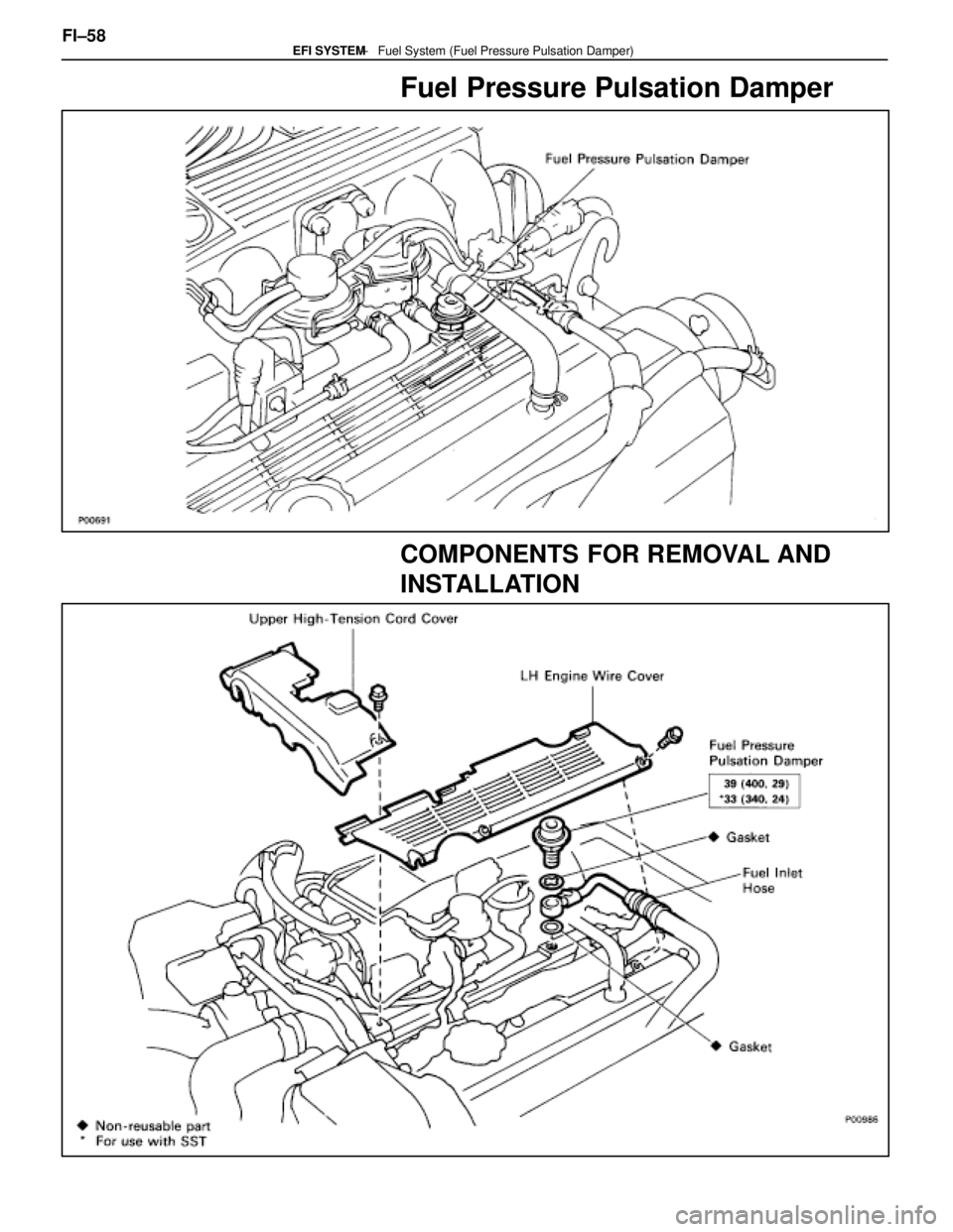 LEXUS SC400 1991  Service Repair Manual 
Fuel Pressure Pulsation Damper
COMPONENTS FOR REMOVAL AND
INSTALLATION
FI±58             ±   Fuel System (Fuel Pressure Pulsation Damper)EFI SYSTEM 
WhereEverybodyKnowsYourName  