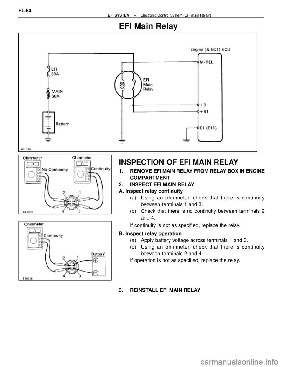 LEXUS SC400 1991  Service Repair Manual 
EFI Main Relay
INSPECTION OF EFI MAIN RELAY
1. REMOVE EFI MAIN RELAY FROM RELAY BOX IN ENGINE
COMPARTMENT
2.  INSPECT EFI MAIN RELAY
A. Inspect relay continuity (a)  Using an ohmmeter, check that the