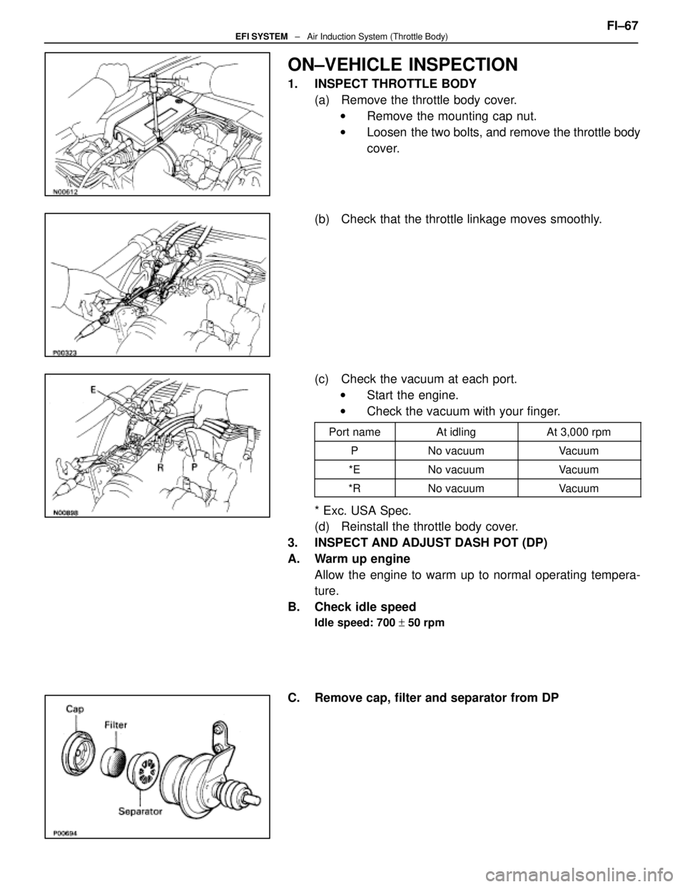 LEXUS SC400 1991  Service Repair Manual 
ON±VEHICLE INSPECTION
1.  INSPECT THROTTLE BODY(a)  Remove the throttle body cover.w Remove the mounting cap nut.
w Loosen  the two bolts, and remove the throttle body
cover.
(b)  Check that the thr