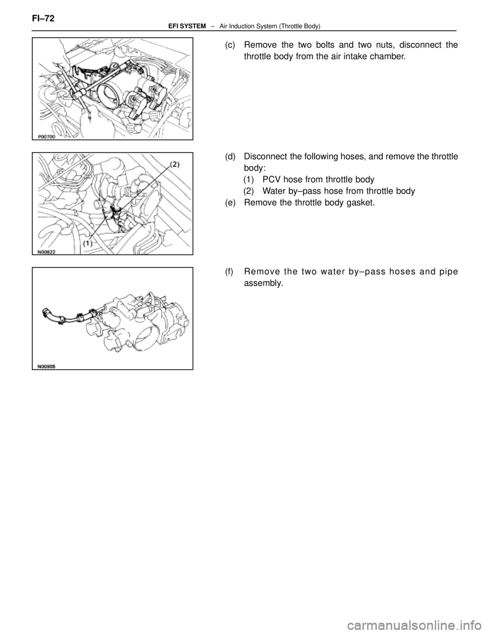 LEXUS SC400 1991  Service Repair Manual 
(c)  Remove the two bolts and two nuts, disconnect thethrottle body from the air intake chamber.
(d)  Disconnect  the following hoses, and remove the throttle body:
(1)  PCV hose from throttle body
(
