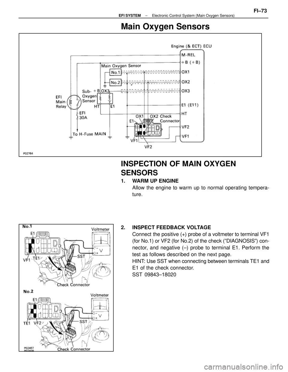 LEXUS SC400 1991  Service Repair Manual 
Main Oxygen Sensors
INSPECTION OF MAIN OXYGEN
SENSORS
1.  WARM UP ENGINEAllow the engine to warm up to normal operating tempera-
ture.
2.  INSPECT FEEDBACK VOLTAGE Connect  the positive (+) probe of 
