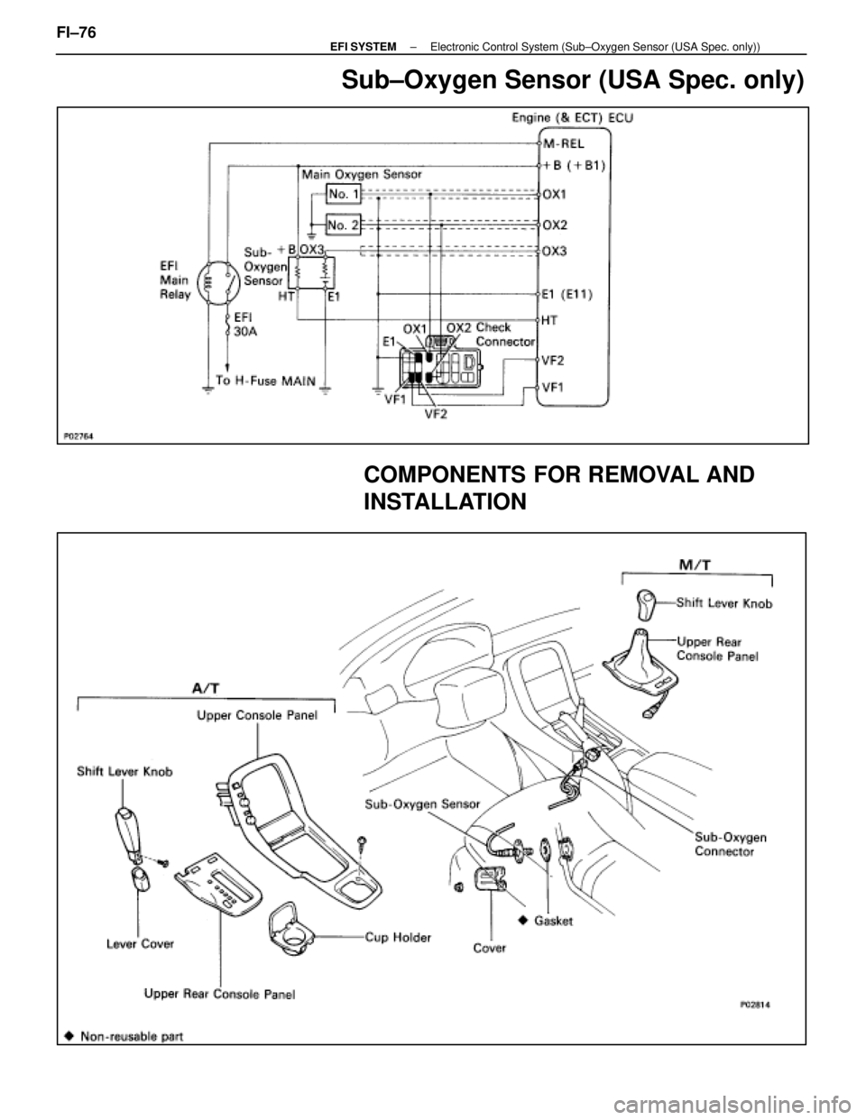 LEXUS SC400 1991  Service Repair Manual 
Sub±Oxygen Sensor (USA Spec. only)
COMPONENTS FOR REMOVAL AND
INSTALLATION
FI±76±
EFI SYSTEM Electronic Control System (Sub±Oxygen Sensor (USA Spec. only)) 
WhereEverybodyKnowsYourName  
