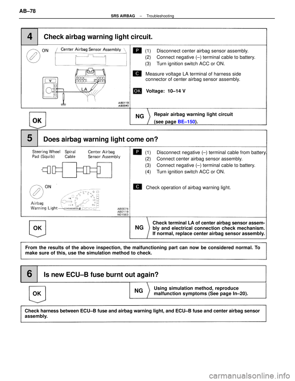 LEXUS SC400 1991 Service Repair Manual
4
5
6
Check terminal LA of center airbag sensor assem-
bly and electrical connection check mechanism.
If normal, replace center airbag sensor assembly.
NG
OK
(1) Disconnect negative (±) terminal cab LEXUS SC400 1991 Service Repair Manual
4
5
6
Check terminal LA of center airbag sensor assem-
bly and electrical connection check mechanism.
If normal, replace center airbag sensor assembly.
NG
OK
(1) Disconnect negative (±) terminal cab