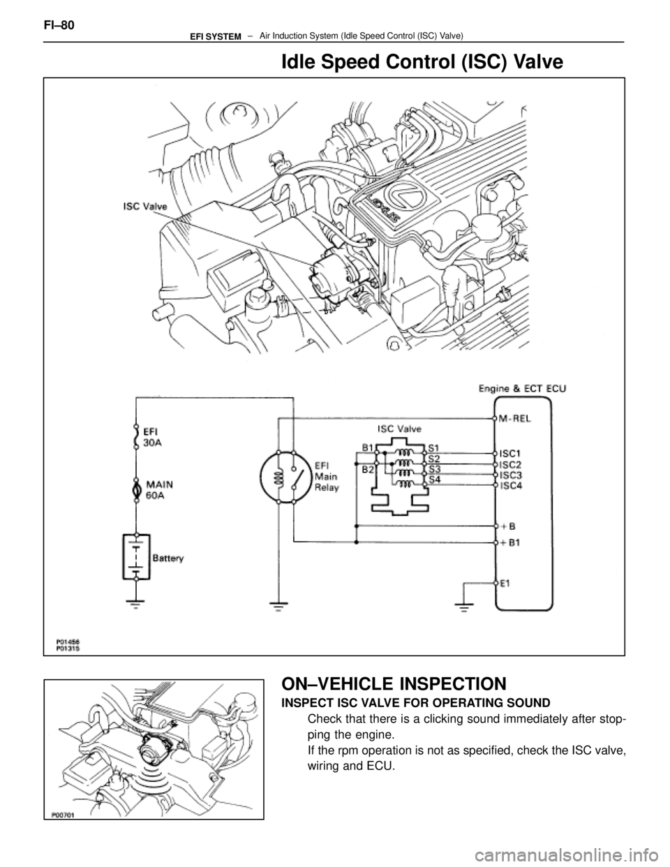LEXUS SC400 1991  Service Repair Manual 
Idle Speed Control (ISC) Valve
ON±VEHICLE INSPECTION
INSPECT ISC VALVE FOR OPERATING SOUNDCheck that there is a clicking sound immediately after stop-
ping the engine.
If the rpm operation is not as