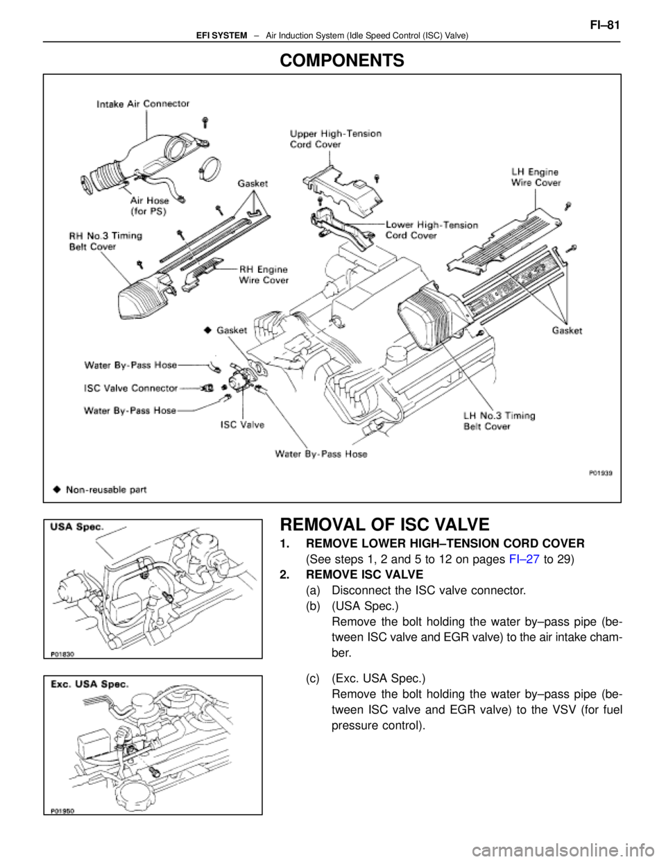 LEXUS SC400 1991  Service Repair Manual 
COMPONENTS
REMOVAL OF ISC VALVE
1.  REMOVE LOWER HIGH±TENSION CORD COVER(See steps 1, 2 and 5 to 12 on pages  FI±27 to 29)
2.  REMOVE ISC VALVE
(a)  Disconnect the ISC valve connector.
(b) (USA Spe