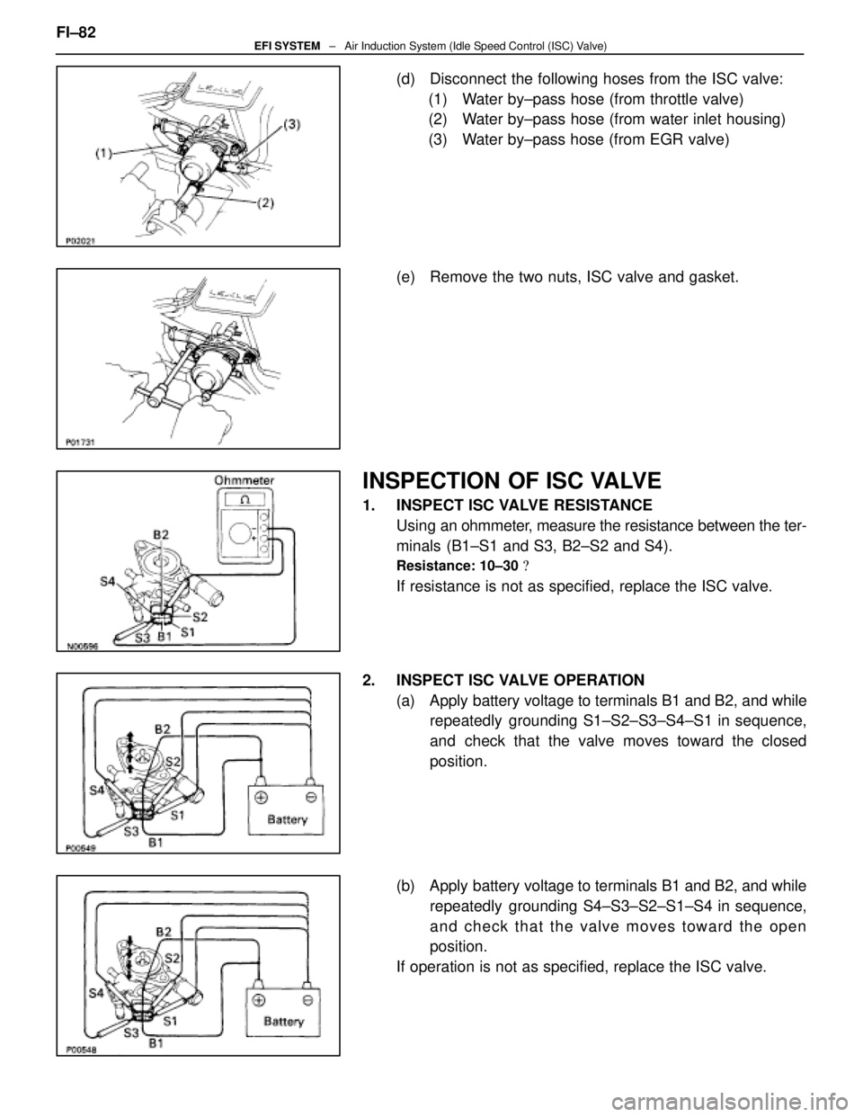 LEXUS SC400 1991 Service Repair Manual
(d) Disconnect the following hoses from the ISC valve:(1) Water by±pass hose (from throttle valve)
(2) Water by±pass hose (from water inlet housing)
(3) Water by±pass hose (from EGR valve)
(e) LEXUS SC400 1991 Service Repair Manual
(d) Disconnect the following hoses from the ISC valve:(1) Water by±pass hose (from throttle valve)
(2) Water by±pass hose (from water inlet housing)
(3) Water by±pass hose (from EGR valve)
(e)