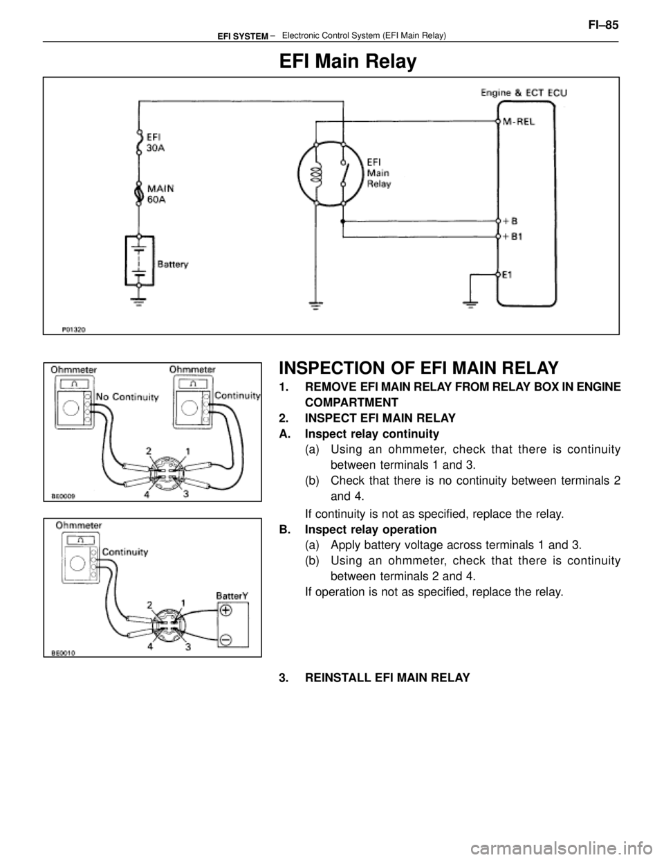 LEXUS SC400 1991  Service Repair Manual 
EFI Main Relay
INSPECTION OF EFI MAIN RELAY
1. REMOVE EFI MAIN RELAY FROM RELAY BOX IN ENGINE
COMPARTMENT
2.  INSPECT EFI MAIN RELAY
A.  Inspect relay continuity (a)  Using an ohmmeter, check that th
