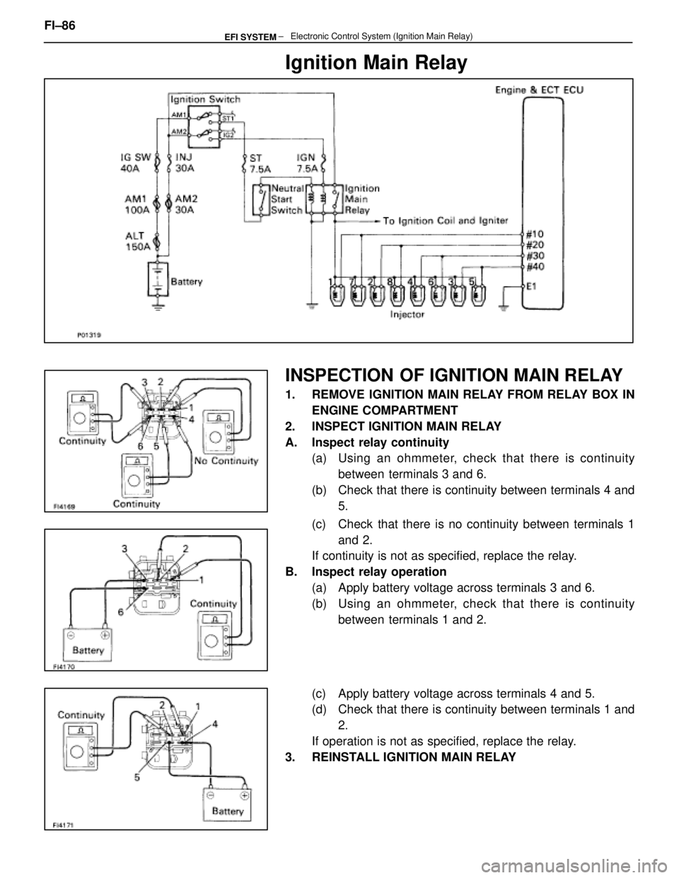 LEXUS SC400 1991  Service Repair Manual 
Ignition Main Relay
INSPECTION OF IGNITION MAIN RELAY
1.  REMOVE IGNITION MAIN RELAY FROM RELAY BOX INENGINE COMPARTMENT
2.  INSPECT IGNITION MAIN RELAY
A.  Inspect relay continuity (a)  Using an ohm
