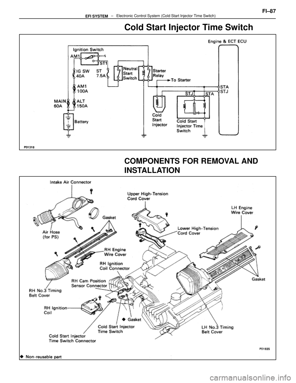 LEXUS SC400 1991  Service Repair Manual 
Cold Start Injector Time Switch
COMPONENTS FOR REMOVAL AND
INSTALLATION
FI±87                              ±   Electronic Control System (Cold St\
art Injector Time Switch)EFI SYSTEM 
WhereEverybod