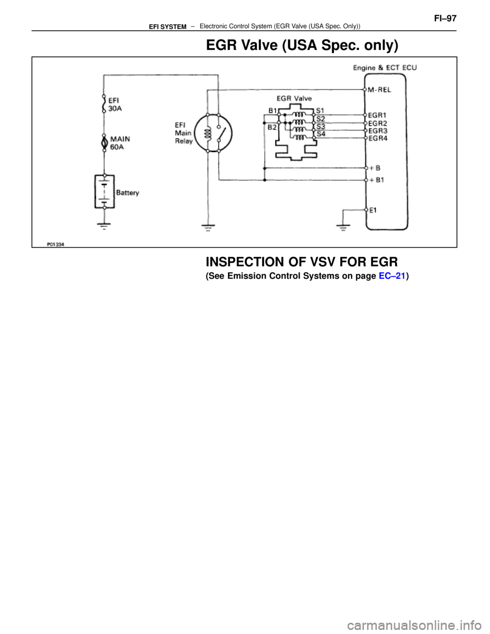 LEXUS SC400 1991  Service Repair Manual 
EGR Valve (USA Spec. only)
INSPECTION OF VSV FOR EGR
(See Emission Control Systems on page EC±21) FI±97
                                    ±   Electronic Control System (E\
GR Valve (USA Spec. On