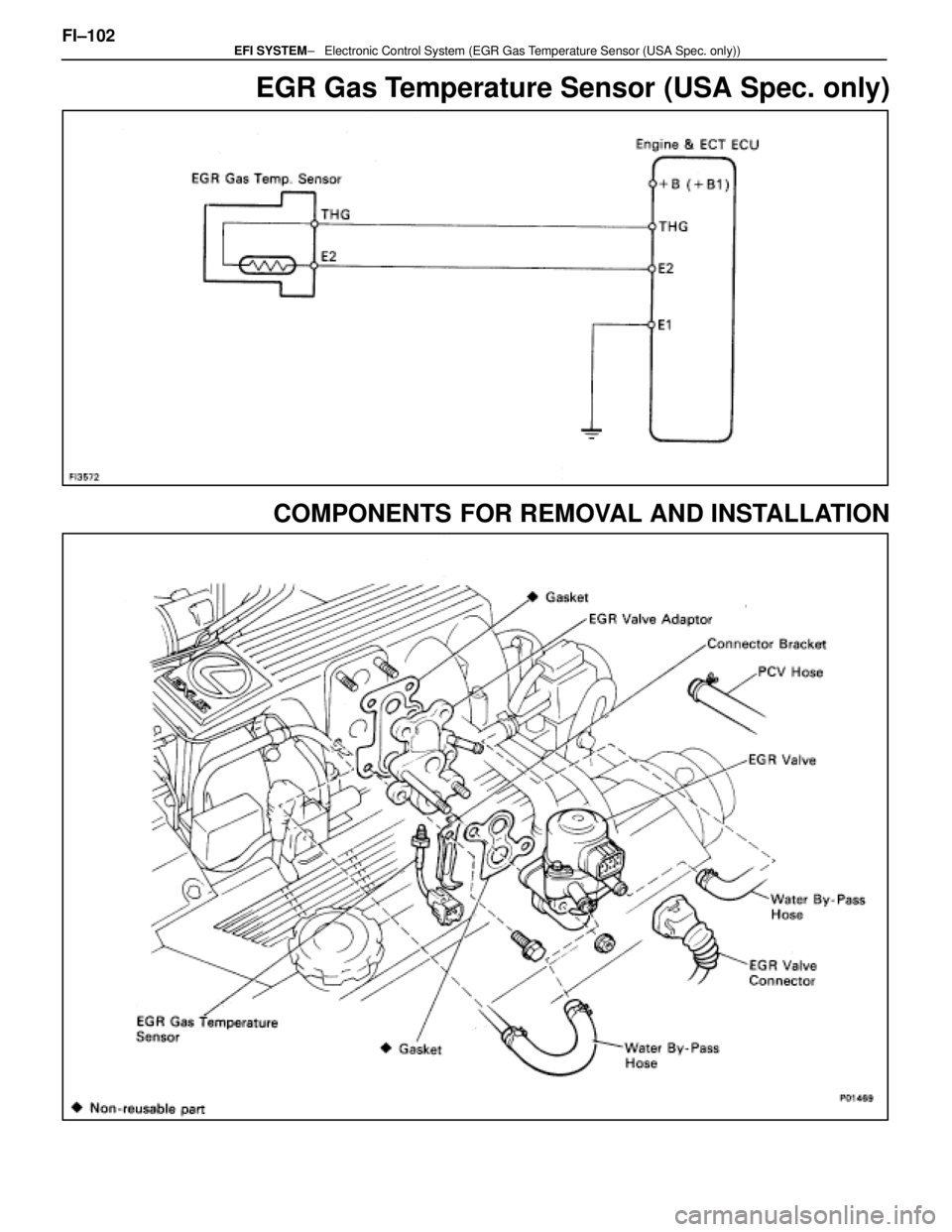 LEXUS SC400 1991  Service Repair Manual 
EGR Gas Temperature Sensor (USA Spec. only)
COMPONENTS FOR REMOVAL AND INSTALLATION
FI±102                             ±   Electronic Control System (EGR Gas \
Temperature Sensor (USA Spec. only))E