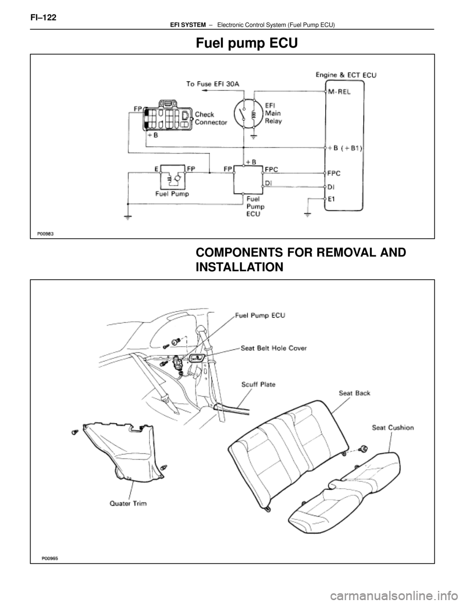 LEXUS SC400 1991  Service Repair Manual 
Fuel pump ECU
COMPONENTS FOR REMOVAL AND
INSTALLATION
FI±122                                                ±   Electronic Contro\
l System (Fuel Pump ECU)EFI SYSTEM 
WhereEverybodyKnowsYourName  