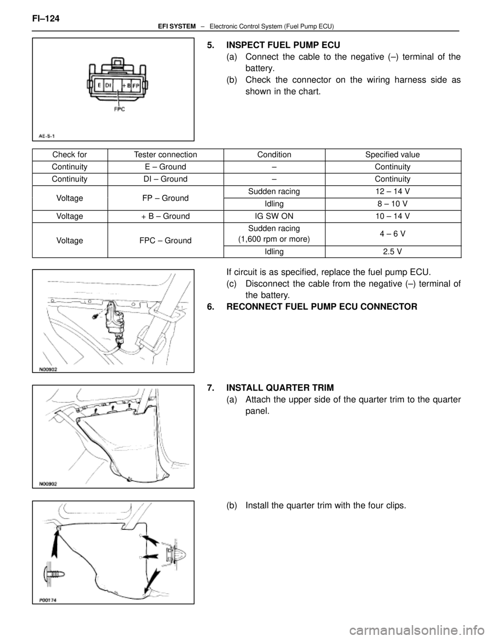 LEXUS SC400 1991 Service Repair Manual
5. INSPECT FUEL PUMP ECU(a) Connect the cable to the negative (±) terminal of thebattery.
(b) Check the connector on the wiring harness side as shown in the chart.
Check forTester connectionCond LEXUS SC400 1991 Service Repair Manual
5. INSPECT FUEL PUMP ECU(a) Connect the cable to the negative (±) terminal of thebattery.
(b) Check the connector on the wiring harness side as shown in the chart.
Check forTester connectionCond