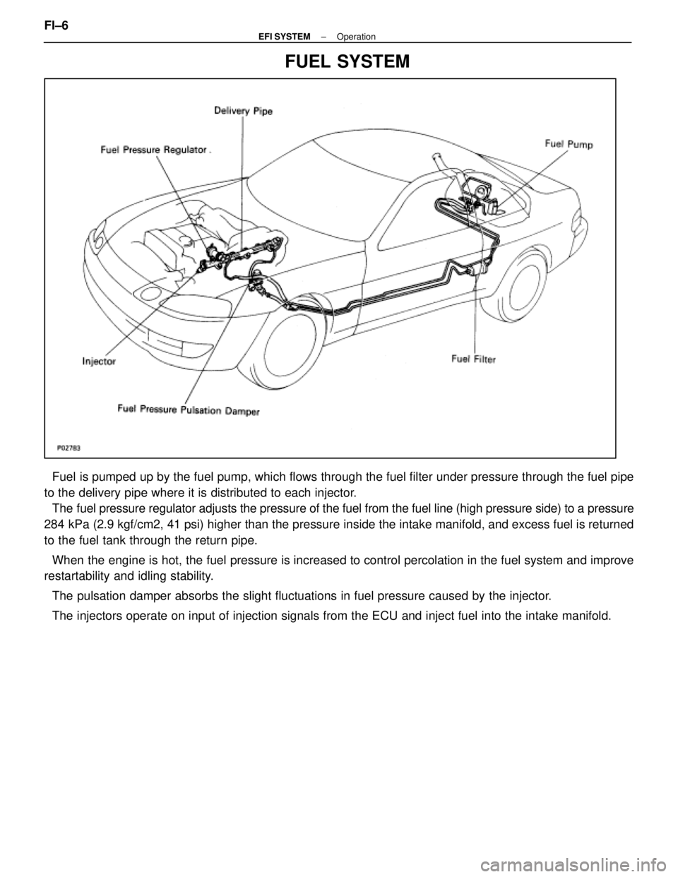 LEXUS SC400 1991  Service Repair Manual 
FUEL SYSTEM
Fuel is pumped up by the fuel pump, which flows through the fuel filter unde\
r pressure through the fuel pipe
to the delivery pipe where it is distributed to each injector. The fuel pres