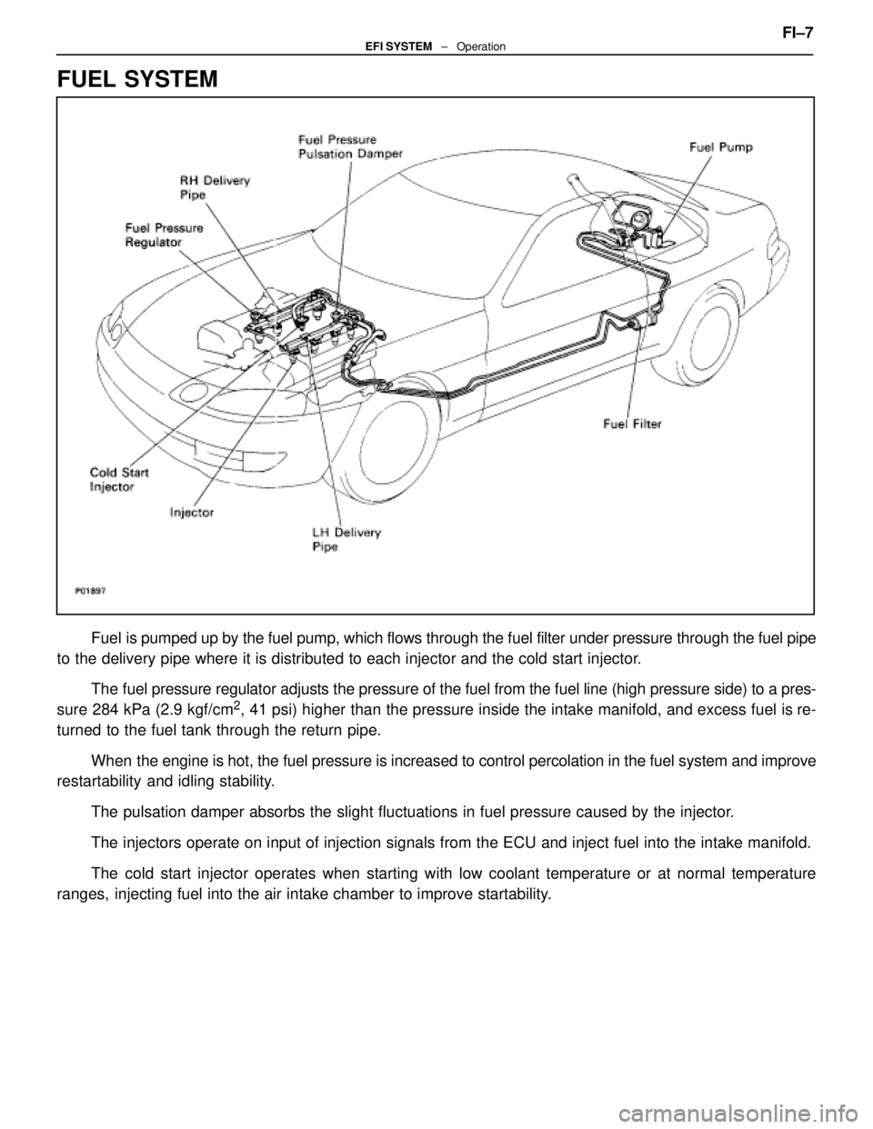 LEXUS SC400 1991 Service Repair Manual
FUEL SYSTEM
Fuel is pumped up by the fuel pump, which flows through the fuel filter under pr\
essure through the fuel pipe
to the delivery pipe where it is distributed to each injector and the cold\
LEXUS SC400 1991 Service Repair Manual
FUEL SYSTEM
Fuel is pumped up by the fuel pump, which flows through the fuel filter under pr\
essure through the fuel pipe
to the delivery pipe where it is distributed to each injector and the cold\