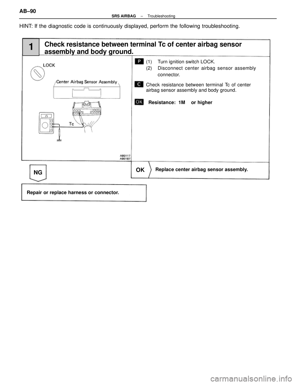 LEXUS SC400 1991 Service Repair Manual
NGOK
Check resistance between terminal Tc of center airbag sensor
assembly and body ground.1
Check resistance between terminal Tc of center
airbag sensor assembly and body ground.
Replace center air LEXUS SC400 1991 Service Repair Manual
NGOK
Check resistance between terminal Tc of center airbag sensor
assembly and body ground.1
Check resistance between terminal Tc of center
airbag sensor assembly and body ground.
Replace center air