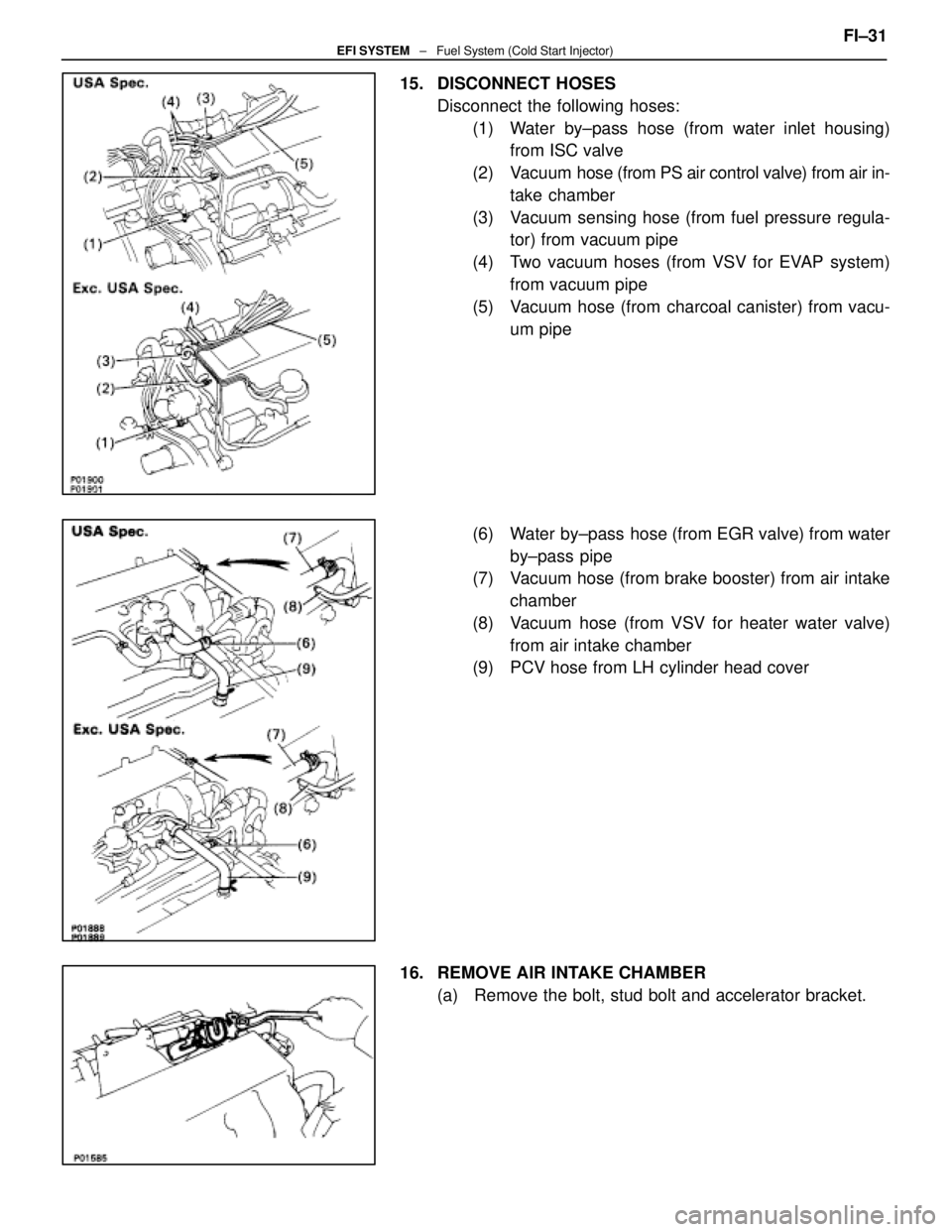 LEXUS SC400 1991  Service Repair Manual 
15. DISCONNECT HOSESDisconnect the following hoses:(1) Water by±pass hose (from water inlet housing) from ISC valve
(2) Vacuum  hose (from PS air control valve) from air in-
take chamber
(3)  Vacuum