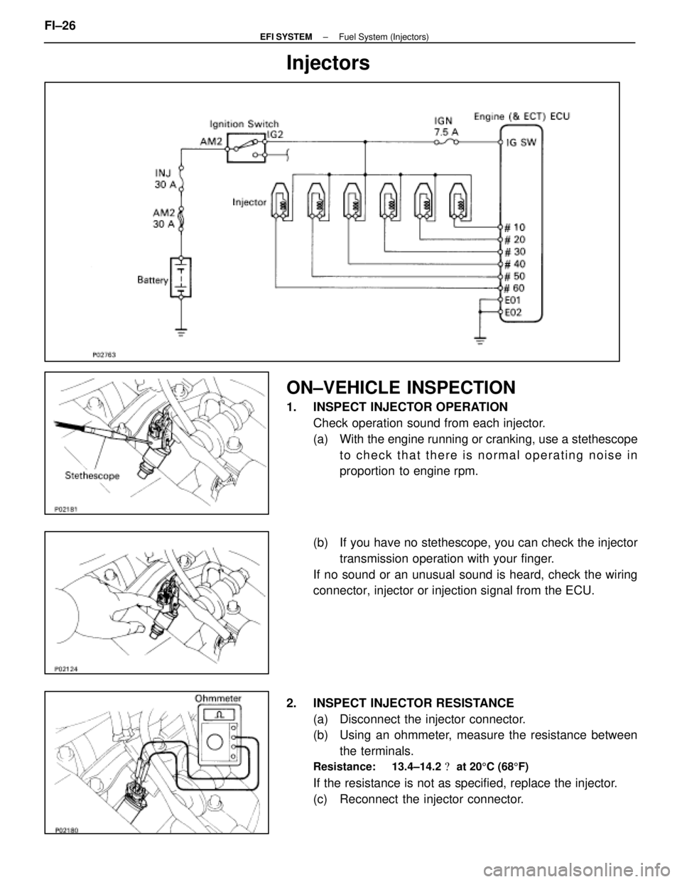 LEXUS SC400 1991  Service Repair Manual 
Injectors
ON±VEHICLE INSPECTION
1. INSPECT INJECTOR OPERATIONCheck operation sound from each injector.
(a)  With the engine running or cranking, use a stethescopeto check that there is normal operat