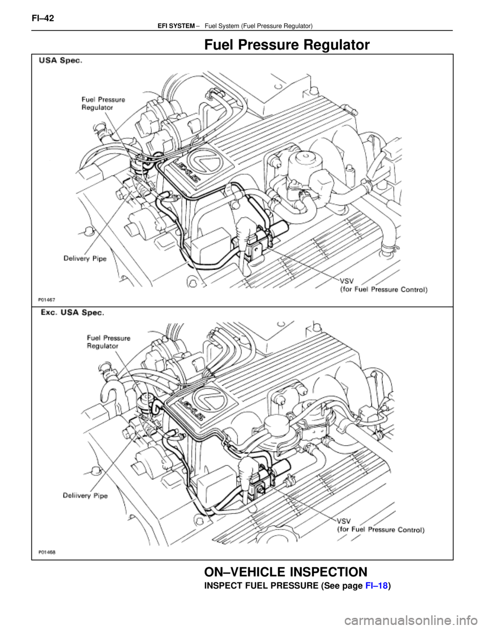 LEXUS SC400 1991  Service Repair Manual 
Fuel Pressure Regulator
ON±VEHICLE INSPECTION
INSPECT FUEL PRESSURE (See page FI±18)
FI±42
              ±   Fuel System (Fuel Pressure Regulator)EFI SYSTEM 
WhereEverybodyKnowsYourName  