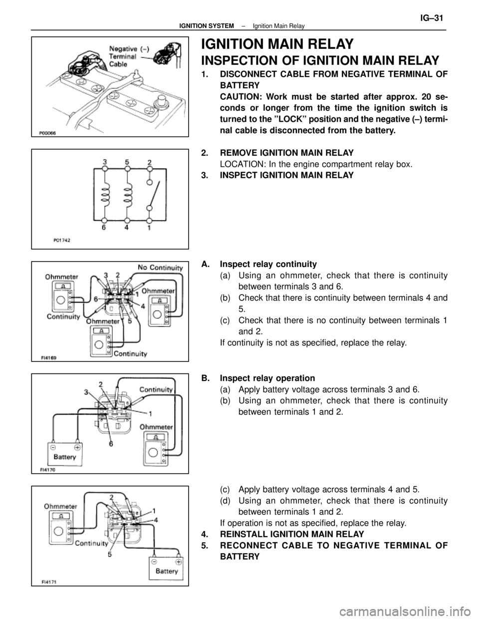 LEXUS SC400 1991 Service Repair Manual
IGNITION MAIN RELAY
INSPECTION OF IGNITION MAIN RELAY
1. DISCONNECT CABLE FROM NEGATIVE TERMINAL OFBATTERY
CAUTION: Work must be started after approx. 20 se-
conds or longer from the time the igniti LEXUS SC400 1991 Service Repair Manual
IGNITION MAIN RELAY
INSPECTION OF IGNITION MAIN RELAY
1. DISCONNECT CABLE FROM NEGATIVE TERMINAL OFBATTERY
CAUTION: Work must be started after approx. 20 se-
conds or longer from the time the igniti