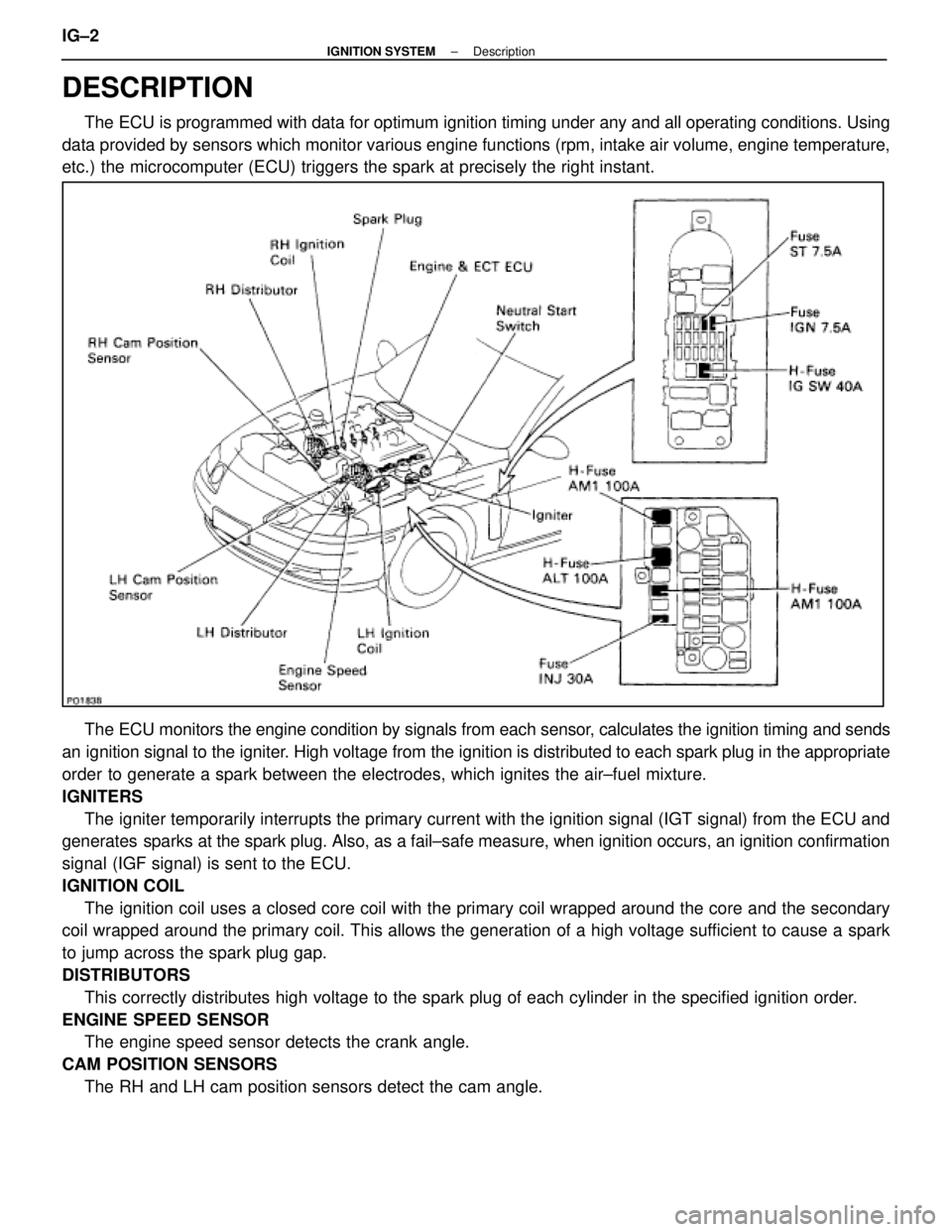 LEXUS SC400 1991 Service Repair Manual
DESCRIPTION
The ECU is programmed with data for optimum ignition timing under any and a\
ll operating conditions. Using
data provided by sensors which monitor various engine functions (rpm, i\
ntake LEXUS SC400 1991 Service Repair Manual
DESCRIPTION
The ECU is programmed with data for optimum ignition timing under any and a\
ll operating conditions. Using
data provided by sensors which monitor various engine functions (rpm, i\
ntake